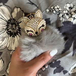 NWT - Bejewelled Fox Grey Fuzzy Ball Keychain with Gold Clip